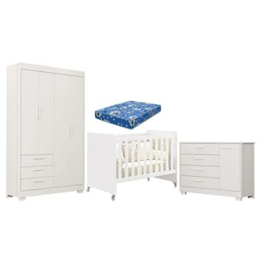 Imagem de Quarto de Bebê Zaki e Berço Americano Evolution 4 em 1 Branco Acetinado com Colchão Ortobom - Reller