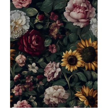 Imagem de VOLEAAR Papel de parede floral escuro descasque e cole, papéis de parede botânicos de flores vintage, papel de contato autoadesivo para armário de estante de quarto, papel de parede de vinil removível