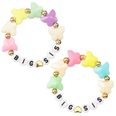 Imagem de Ptwola 2 pulseiras Big Sister Borboleta Pingente Colorido Arco-íris Letra Miçangas Pulseiras Surfer Stretch Stackable Jewelry Accessories Gift for Big Sis Bestie Birthday
