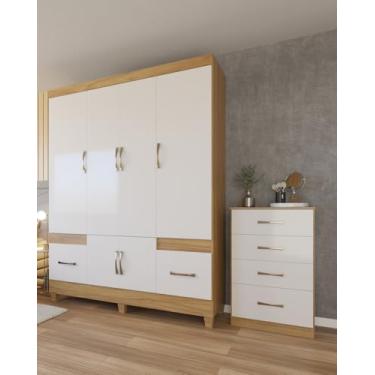 Imagem de Kit Guarda Roupa 6 Portas Com Cômoda 4 Gavetas Cabideiro E Prateleiras Armario Para Quarto Casal Solteiro Design Moderno (Freijo/Cinza)
