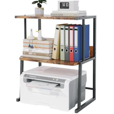 Imagem de Homeiju Suporte de impressora de mesa, prateleiras de armazenamento de madeira de 3 níveis, armazenamento multifuncional para máquina de fax, scanner, arquivos, livros, moldura de metal resistente com