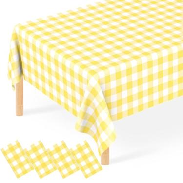Imagem de 4 peças de toalha de mesa xadrez amarela de plástico descartável, toalha de mesa xadrez amarela e branca para piquenique ao ar livre, casamento, chá de bebê, festa de aniversário (137 x 272 cm)
