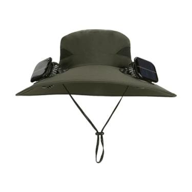 Imagem de Anti-UV 2 Fãs Chapéu Solar Carregamento Ar Refrigerador Ventilador Sun Hat Wide Brim Bucket Hat Para Homens Pescadores Chapéu verão Cooler Sun Cap,Green
