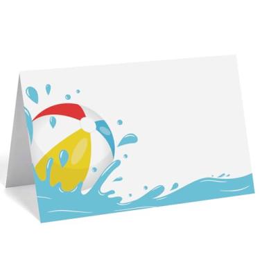 Imagem de 24 cartões de festa na piscina e cartões de nome para mesa, etiquetas de comida com tema de praia de verão para buffet para chá de bebê e decorações de festa de aniversário (plash)