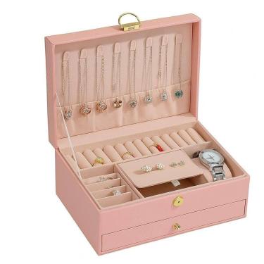 Imagem de Maleta Porta Joias Organizador Com Gaveta 2 Andares Para Brincos Aneis Pulseiras Relogio Viagem Rosa