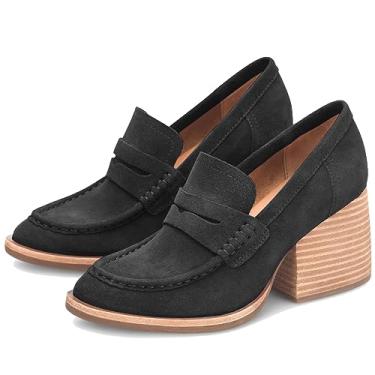 Imagem de MOOMMO Mocassins femininos com plataforma grossa, bico redondo, fechado, sem fecho, mocassins, camurça, bloco de camurça, sapatos Oxford, formal, clássico, salto grosso, vestido, mocassim para