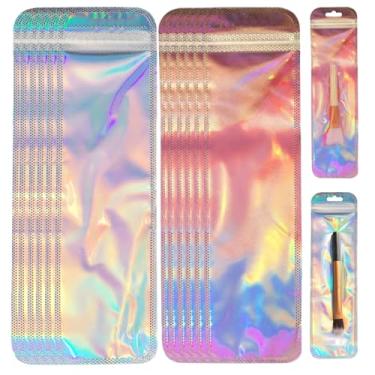 Imagem de 200 peças, bolsa de embalagem holográfica, 22 x 5,5 cm, bolsa de alumínio resselável, bolsa Mylar à prova de cheiro, bolsas de canetas para embalar joias, pincéis de maquiagem e doces