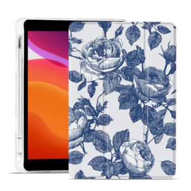 Imagem de MAYCARI Blue Peony Flowers Capa para iPad de 10,2 polegadas 2021/2020/2019 com suporte para lápis, padrão original iPad 9ª/8ª/7ª geração, capa protetora traseira de TPU macio, capa fina hibernar