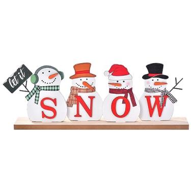 Imagem de IDATOO Decorações de boneco de neve de Natal, bloco de boneco de neve de madeira, sinal de Feliz Natal, decoração rústica Let It Snow Winter Christmas, centro de mesa festivo para bandeja em camadas de lareira de mesa (deixe nevar)