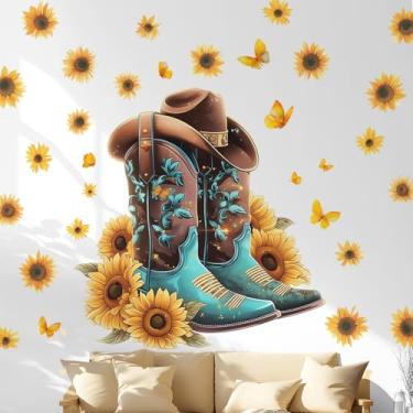 Imagem de VePret Adesivos de parede de chapéu de vaqueira grandes, adesivos de parede de borboletas de girassóis e borboletas, papel de parede de vinil removível para decoração de casa para quarto, sala de