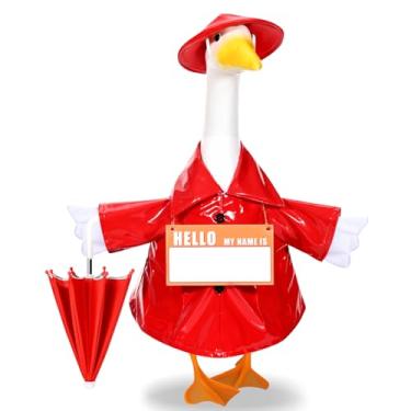 Imagem de GANSHAYA Roupa de chuva para varanda de ganso com placa de nome personalizada, guarda-chuva e chapéu para decoração de roupas de ganso de 58 cm, gramado, jardim, ganso (vermelho)
