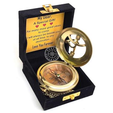 Imagem de Hanzla Collection Relógio de sol de latão polido - bússola aberta - acessório steampunk - presente exclusivo para homens - lindo relógio de sol feito à mão - relógio de sol com caixa de veludo