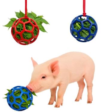 Imagem de 2 peças de brinquedos de enriquecimento de porcos, brinquedo de bola de petisco para mini porcos e fazenda, brinquedo de enriquecimento de bola de mastigar pendurada com corda para porcos brincarem