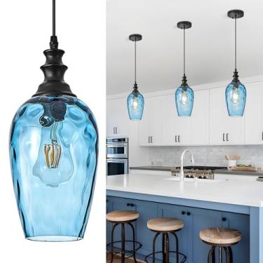 Imagem de AIBISOD Luzes pendentes ilha de cozinha, luminárias suspensas azul escuro lâmpada de vidro ondulado sombra preto luminárias pendentes para cozinha ilha quarto sala de jantar luminária
