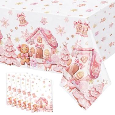 Imagem de MEHOFOND 6 peças de toalha de mesa rosa de gengibre de Natal decorações de festa casa de gengibre toalha de mesa rosa de inverno biscoito de Natal descartável de plástico para suprimentos de festa de