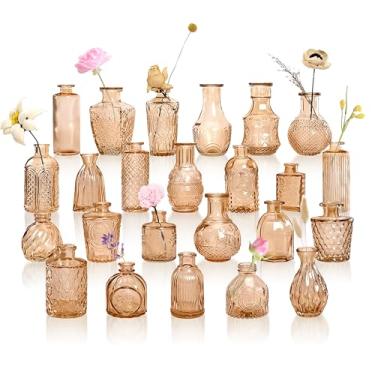 Imagem de GarDream Vasos Bud a granel 24, mini vasos de vidro âmbar para centros de mesa, vaso pequeno vintage em relevo para flores, vaso decorativo fofo para decoração de mesa de casamento, festa de