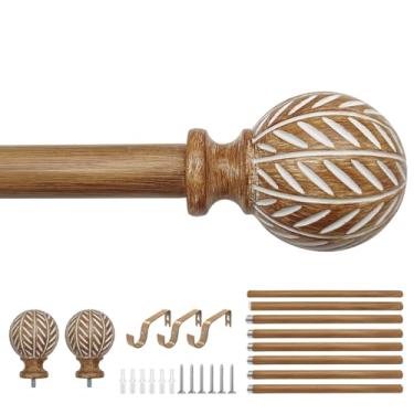 Imagem de Varão de cortina de madeira para janelas 167,6 cm a 304,8 cm Varão de cortina resistente ajustável com acabamento de padrão de folha de grão de madeira sintética, haste de cortina única Boho para sala