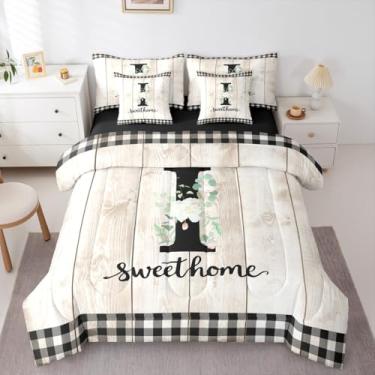 Imagem de Erosebridal Jogo de cama solteiro com alfabeto de flores, 7 peças, com letra I de flor, para adolescentes, meninas, mulheres, rústico, bege, porta de celeiro, casa de fazenda, primavera, jardim