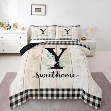 Imagem de Erosebridal Conjunto de edredom com letras personalizadas, alfabeto e flores, tamanho solteiro, colcha estética com inicial para crianças, meninos, meninas, homens, bege e preto, quadriculado, edredom