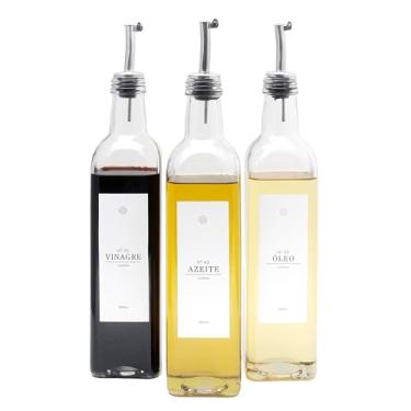 Imagem de Kit Galheteiro Porta Azeite Vinagre Óleo Vidro 500ml Dosador Inox 3 Peças