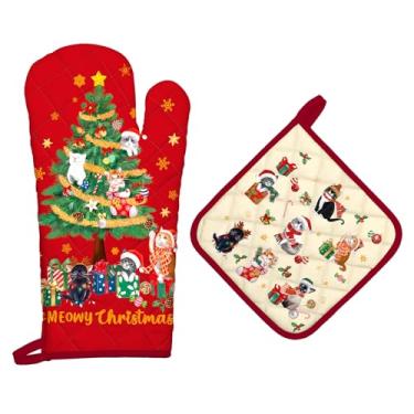 Imagem de Arquiel Conjunto de luvas de forno e suportes de panela para gatos de árvore de Natal, 2 peças, 100% algodão, resistentes ao calor, luvas de forno extralongas para cozinha, cozinha, decoração de