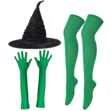 Imagem de Preboun 3 peças de acessórios de fantasia de bruxa para mulheres, incluindo chapéu de bruxa, meias elásticas verdes, luvas verdes para Halloween, filme, cosplay, dramatização, festa