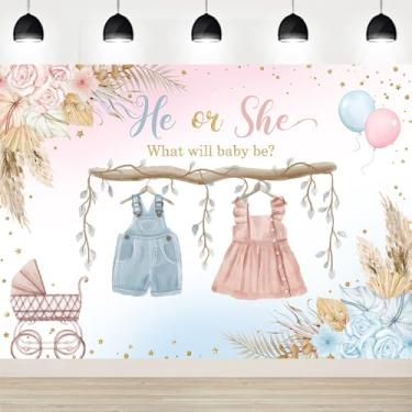 Imagem de InMemory Pano de fundo revelador de gênero para menino ou menina, boho, rosa, azul, ele ou ela, decoração de festa para chá de bebê, faixas fofas, roupas florais, pontos dourados, adereço para foto