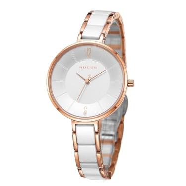 Imagem de Relógio de pulso feminino, pulseira de cerâmica, analógico, quartzo japonês, mostrador de ouro rosa, simples e elegante R0309, Branco