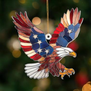 Imagem de Ornamento patriótico de águia careca – vitral bandeira americana Suncatcher, decoração suspensa de acrílico, presente de escritório em casa orgulho dos EUA, Dia da Independência dos Veteranos e