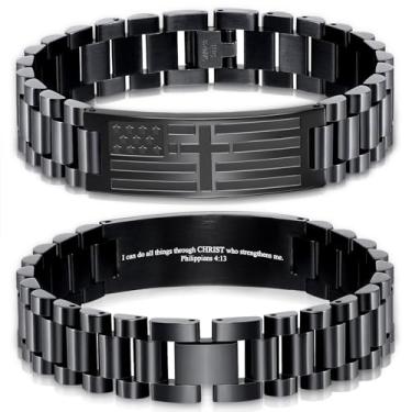 Imagem de GLEZZA Pulseiras Masculinas Com Cruz E Bandeira Americana (Filipenses 4:13) Inspiradoras Motivacionais, Versículos Bíblicos Gravados, Joias Para Presente De Dia Dos Namorados, Natal, Aniversário Pás