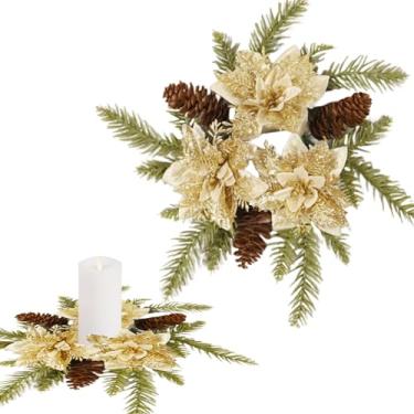 Imagem de Guirlandas de Natal, guirlandas de ouro, purpurina, guirlandas artificiais, guirlanda de poinsétia de Natal, suporte de vela para festa de Natal, inverno, mesa, centro de mesa, decoração de porta e