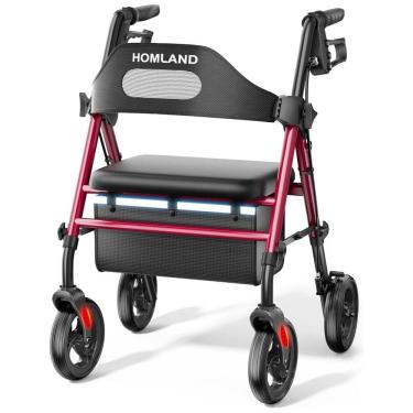 Imagem de Andador Dobrável para Idoso, com Assento, Rodas Grandes de 20 cm para Todos os Terrenos, Altura Ajustável e Suporta até 158 kg, HOMLAND
