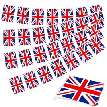 Imagem de Bandeira Union Jack Pennant Flags de 10 metros, 30 peças mini bandeiras de corda britânicas do Reino Unido, faixa de bandeira da Inglaterra para o Dia Nacional Britânico, eventos internacionais