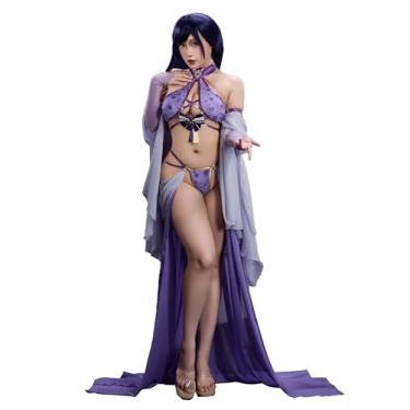 Imagem de Mobbunny Anime Derivative Sexy Dancer Style Lingerie Set Cross Halter Top with Gauzy Dress Panty and Sleeves (Purple, large)