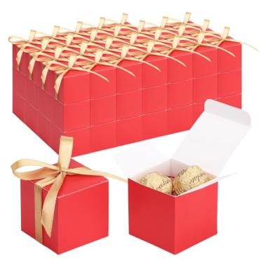 Imagem de EUSOAR Caixas de lembrancinhas, 120 peças, 5 x 5 x 5 cm, pequenas caixas de presente vermelhas, caixa de doces para festa com fita dourada, mini cubo de sabonete, recipiente de chocolate macaron para