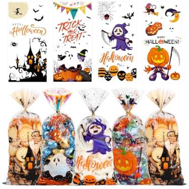 Imagem de QOIUSO Sacos de guloseimas de celofane de Halloween, 50 unidades de sacos de plástico transparente para doces de Halloween com 55 peças de torções para lanches, embalagem de biscoitos, lembrancinhas