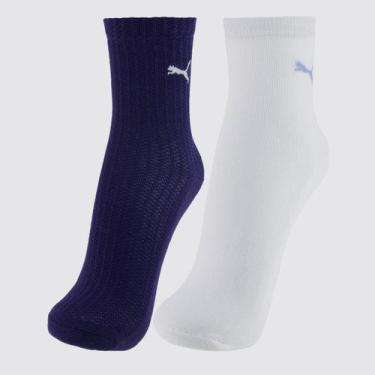 Imagem de Kit Meia Puma Cano Médio 2 Pares Feminina Branca e Marinho, 34-39
