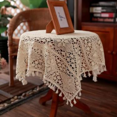 Imagem de Wuluwala Toalha de mesa de cabeceira quadrada de crochê feita à mão com borlas, toalha de mesa lateral bege, lenço de cômoda para mesas, vaso e decoração de festa de casamento 78,7 cm x 78,7 cm