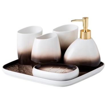 Imagem de Dispensador de sabão Conjunto De 5 Produtos Higiene Pessoal Para Banheiro, Incluindo: Dispensador Loção E Sabonete, Copos Para Enxaguatório Bucal, Suporte Para Escova Dentes Saboneteira(Brown)