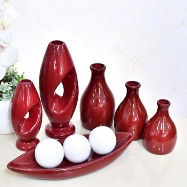 Imagem de Kit 9 Jarros Decorados Trio Vaso Ceramica Enfeite Centro Mesa Sala Enfeite Casa Rack Aparador Nicho Jarros Decorativos Para Sala(MARSALA/BRANCO LISO 9PÇS)