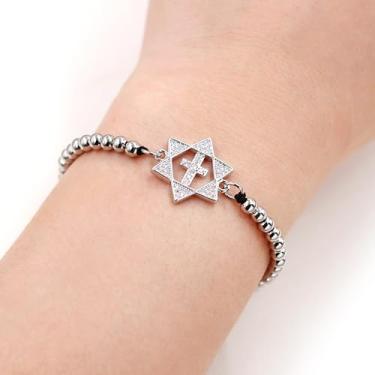 Imagem de Pulseira de contas com cruz judaica de estrela de Davi | Pulseiras de versículo bíblico motivacional cristão | Joias de zircônia cúbica de corrente ajustável | Simbolizando unidade e respeito entre
