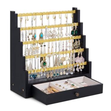 Imagem de Pinzoveco Organizador de brincos, organizador de brincos de 5 camadas com mastro de metal para colar, organizador de joias de madeira rústica, expositor para brincos, pulseiras, colar, anel, 175 furos