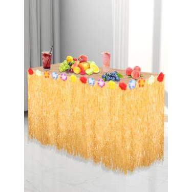 Imagem de Saia de mesa de grama Luau de 2,7 m x 75 cm, decoração de festa havaiana, saia de palha com franjas com flores de hibisco, decoração de mesa tropical luau, lembrancinhas de festa na praia de verão