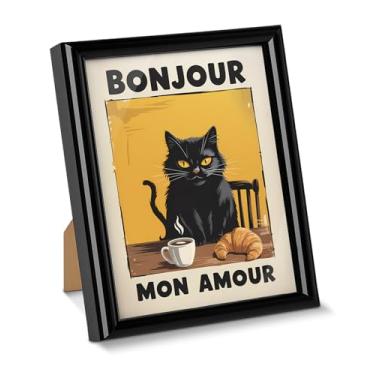Imagem de Pôster de arte de parede de gato engraçado Bonjour Mon Amour para decoração de mesa, pintura emoldurada para decoração de mesa de parede de cozinha doméstica 15 x 20 cm, presentes para amantes de