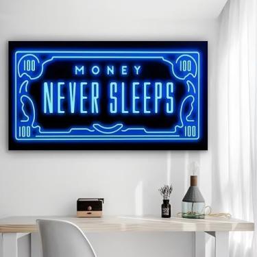 Imagem de Arte de parede em tela rústica vintage placa neon Money Never Sleeps - Pôster sem moldura de 30,5 x 61 cm - Decoração de casa e escritório para sala de estar, quarto, cozinha e café