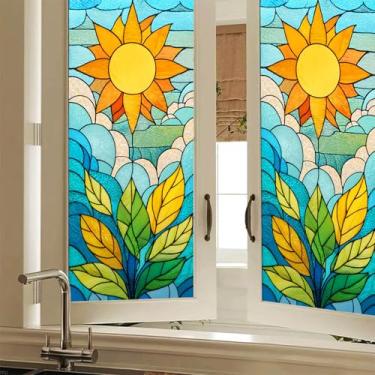 Imagem de HOMETITUTE Película para vitrais Sun and Leaves 17,7 x 39,3 polegadas decalque decorativo de vinil de privacidade adesivo de janela fosco inspirado na natureza brilhante para casa, escritório, cozinha