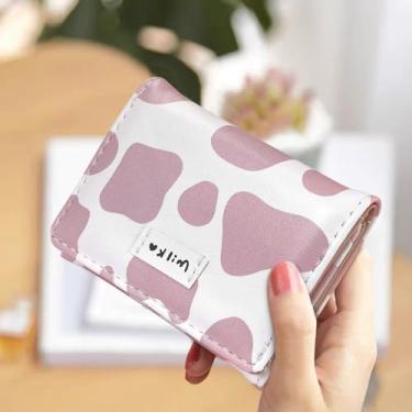 Imagem de Carteira feminina, bolsa de couro PU para cartões com padrão de vaca e botão de pressão de metal, carteira de viagem com dobra tripla pequena com 8 compartimentos para cartões e compartimento para