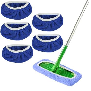 Imagem de Almofada de esfregão reutilizável 100% de lã coral, pacote com 5, azul, molhada, seca, capa plana, lavável, suplemento para limpeza de superfícies e pisos de madeira (esfregão não incluído)