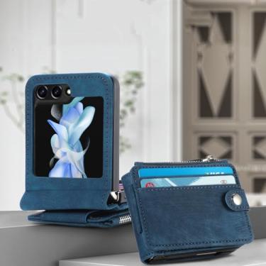 Imagem de para samsung z flip 5 Proteção Bolsa de couro vintage capa para Samsung Galaxy Z Flip 5 5G Flip5 Zflip5 porta-cartões Funda, azul, para Samsung Z Flip 5