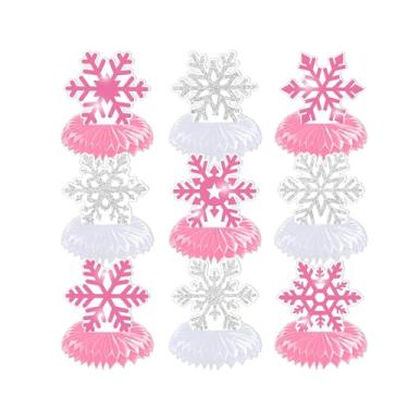 Imagem de IEUDNS 9 peças de centro de mesa de floco de neve, decorações para festa, tema de floco de neve para sala de estar, Rosa